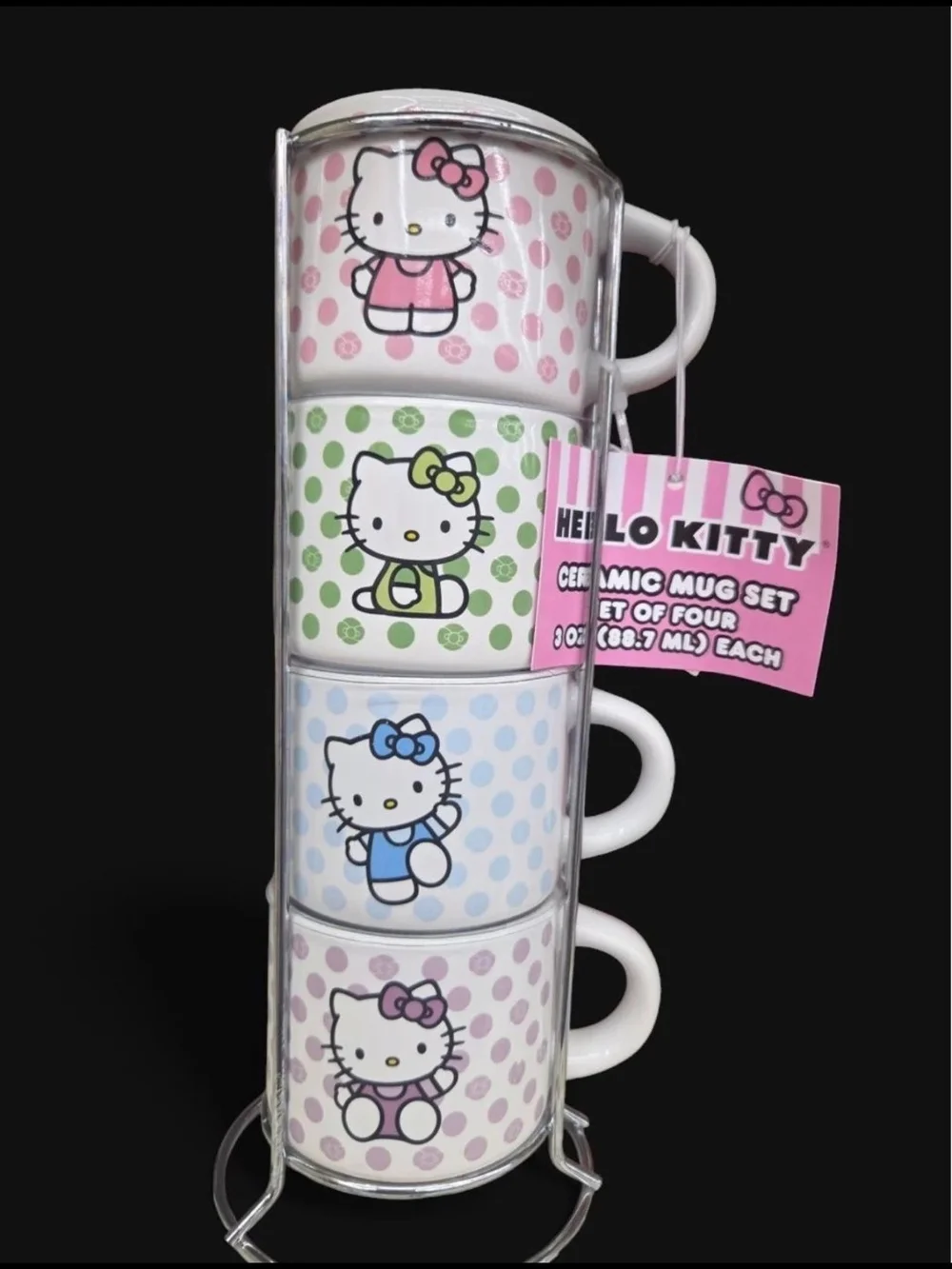 Hello Kitty Pastel Pink Green Blue Lavender Stackable Ceramic Mug Set - 4 Pack